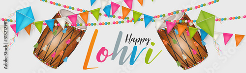 Lohri holiday background, Indian festival. Website header or banner. Realistic vector illustration.