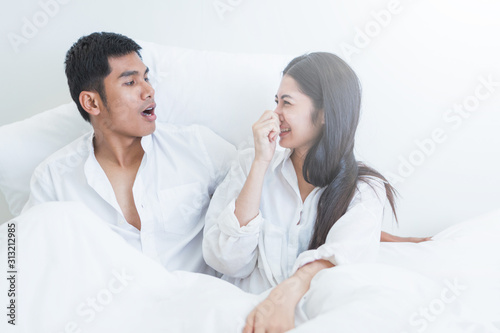 Problem of couple; Unhappy married couple and sexual problems concept; Couple after finish of sexual and ignoring avoiding sex in bed
