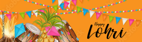 Lohri holiday background, Indian festival. Website header or banner. Realistic vector illustration.