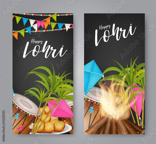 Happy Lohri holiday design, Indian festival. Website advertising banner. Black background. Realistic vector illustration.