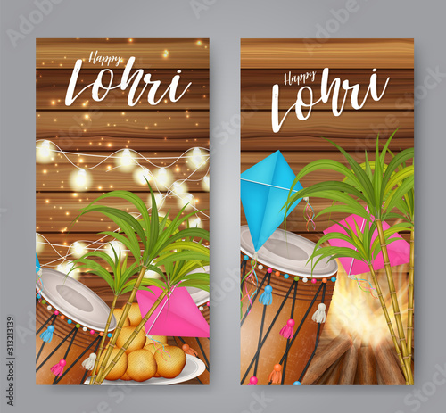 Happy Lohri holiday design, Indian festival. Website advertising banner. Wooden background. Realistic vector illustration.