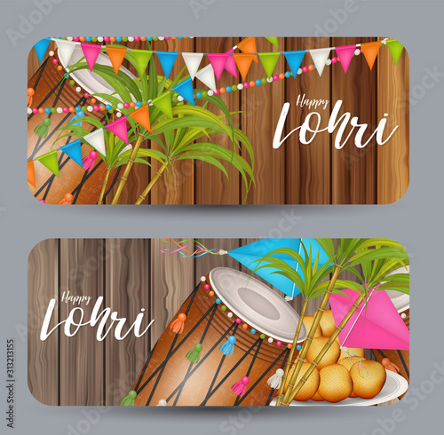 Happy Lohri holiday design card with round corners, Indian festival. Website advertising banner. Black background. Realistic vector illustration.