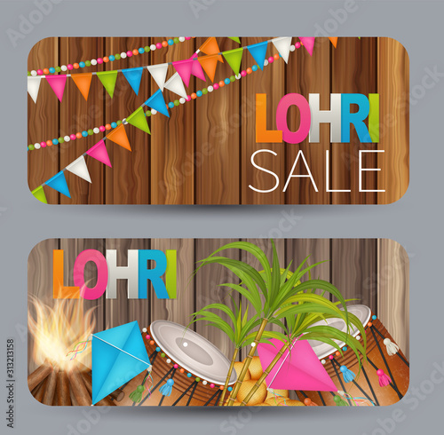 Happy Lohri holiday design card with round corners, Indian festival. Website advertising banner. Black background. Realistic vector illustration.