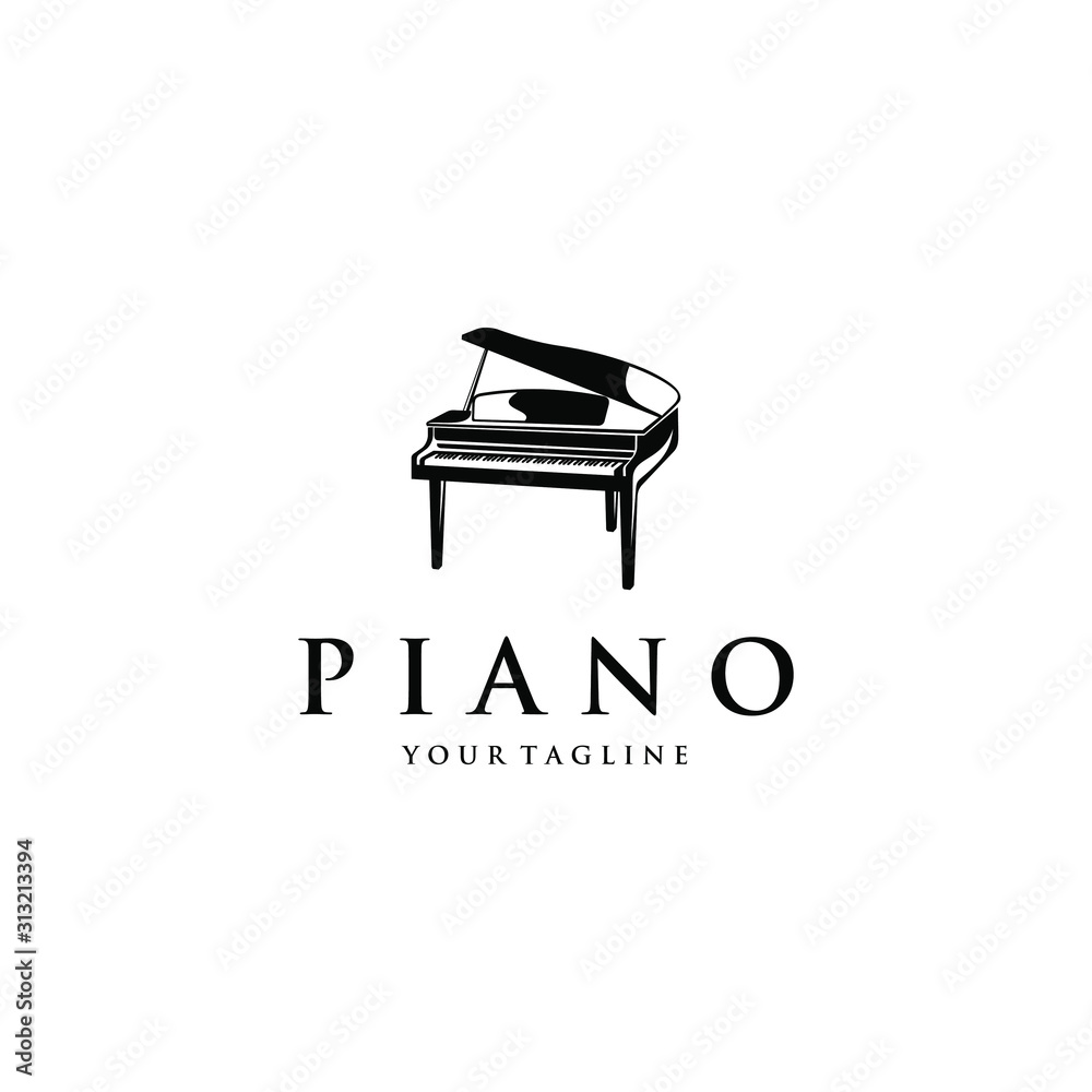A piano instrument logo design template. Awesome a piano logo. A piano intrument lineart logotype. A piano instrument logo design template. Awesome a piano logo. A piano intrument lineart logotype.