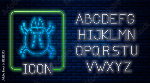 Glowing neon Parasite mite icon isolated on brick wall background. Neon light alphabet. Vector Illustration