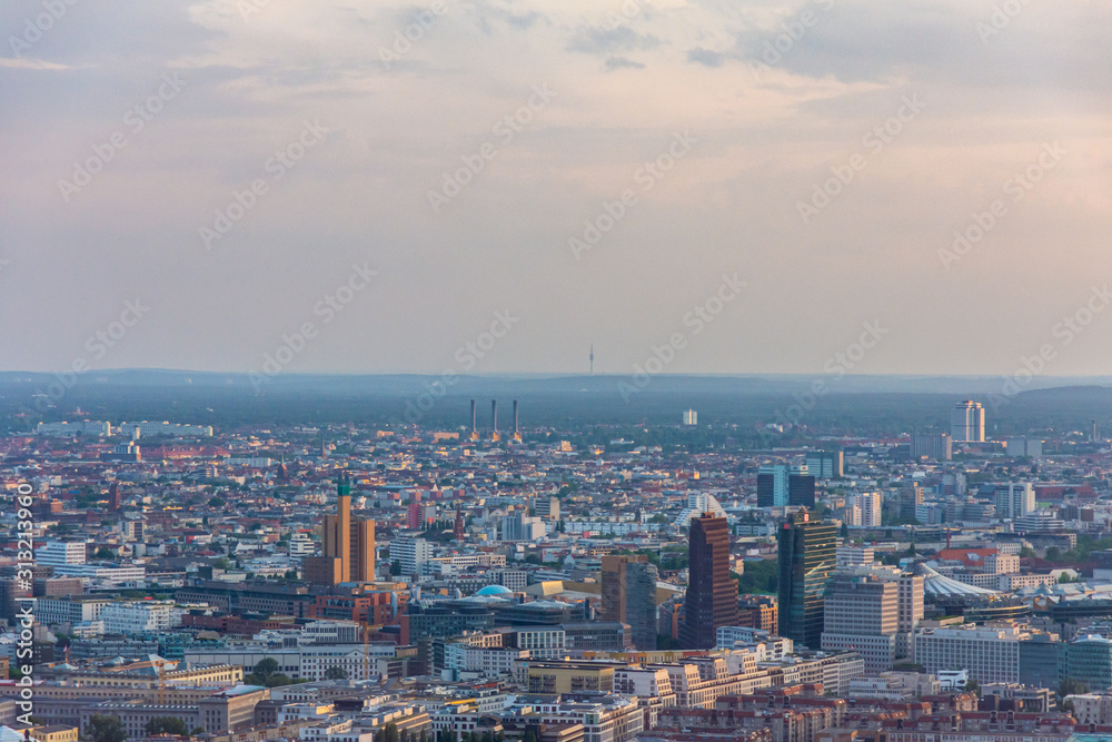 Aerial view of the Berlin skyline at dusk