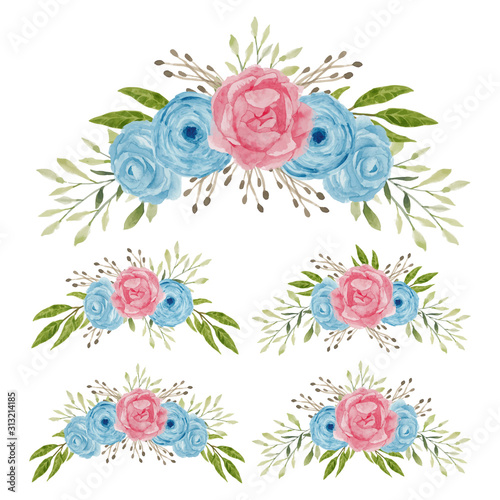 Watercolor rose flower bouquet collection in blue and pink color