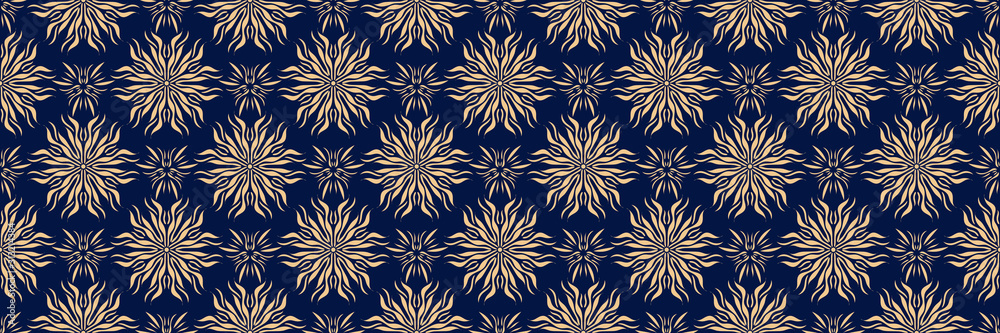 Floral seamless pattern. Golden design on long dark blue background