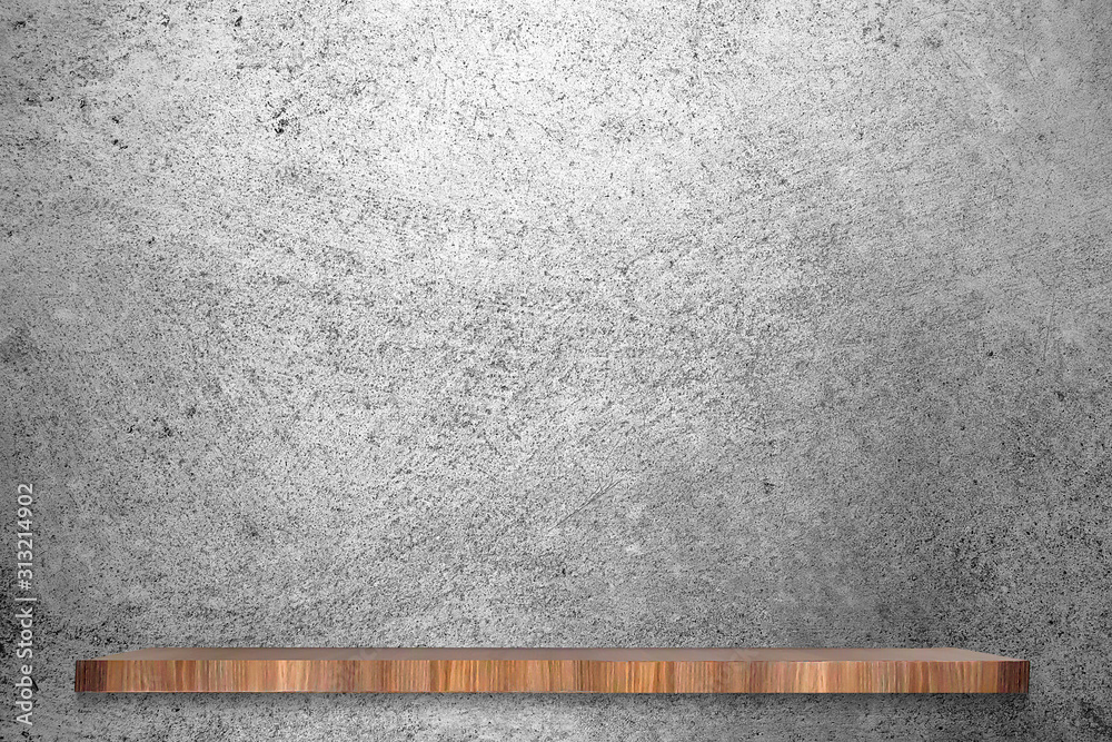 Raw cement or concrete wall with empty wooden shelves for background template. Raw cement or concrete wall with empty wooden shelves for background template.