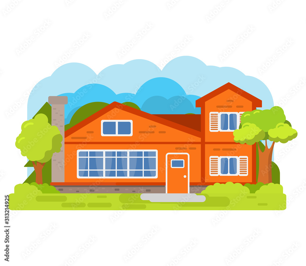 Modern suburban american house.Family home.Townhouse building apartment.Home facade with garage.Flat vector.Rural housing village.