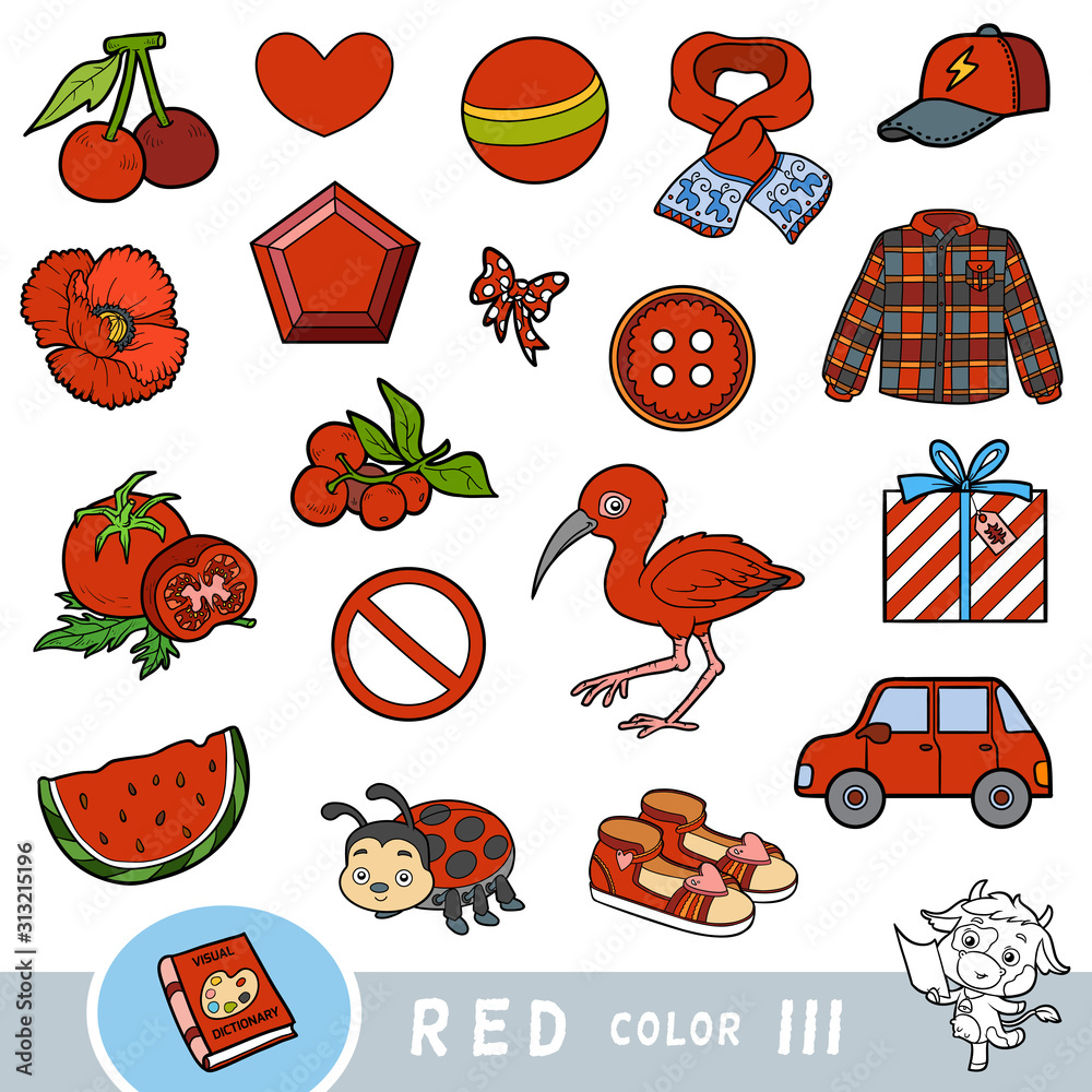Forkæle kold eskalere Colorful set of red color objects. Visual dictionary for children about the  basic colors Stock-vektor | Adobe Stock