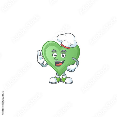 Green love cartoon character wearing costume of chef and white hat