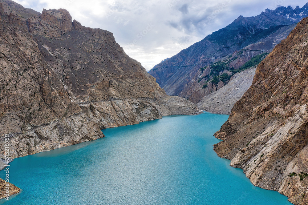 Attabad Lake in Northern Pakistan, formed through a Land Slide in 2010, taken in August 2019