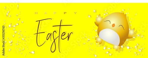 Easter poster and banner template with Easter chicken on a bright yellow background .. Greetings and gifts for Easter Day. Promotion and shopping template for easter day. . .