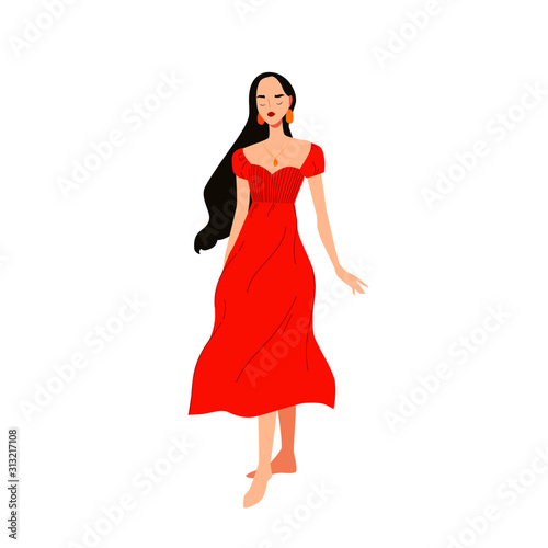 woman in red dress isolated on white