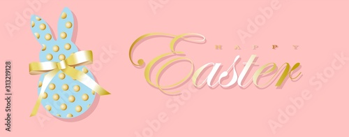 Easter banner. Easter background design of sparkling garland lights, with a realistic bunny or rabbit figurine sparkling with golden confetti. Horizontal easter poster, postcard, header, website. Top 