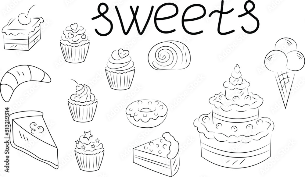 set of cakes and desserts, sweets and lettering . Isolated illustration on white background . Concept for menu, cards, logo set of cakes and desserts, sweets and lettering . Isolated illustration on white background . Concept for menu, cards, logo