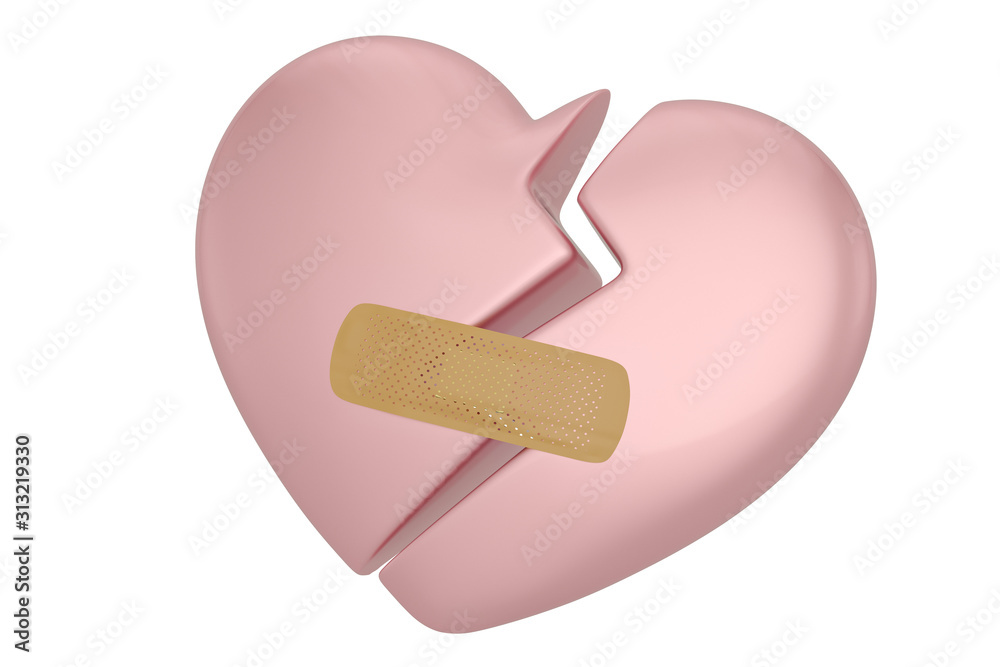 Broken heart with plaster Isolated in white background. 3d illustration Broken heart with plaster Isolated in white background. 3d illustration