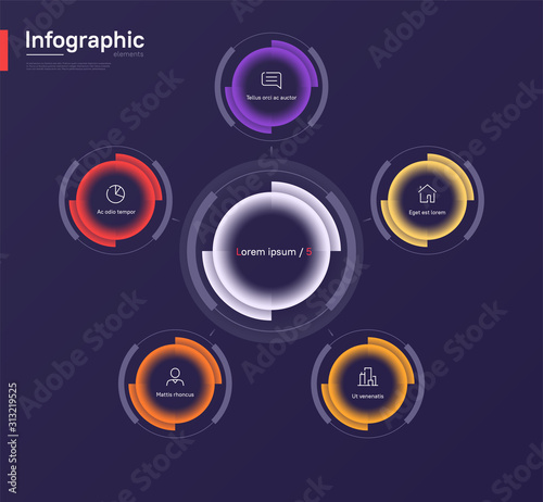 Stylish colorful vector infographic circle chart template on a deep blue background. Five options