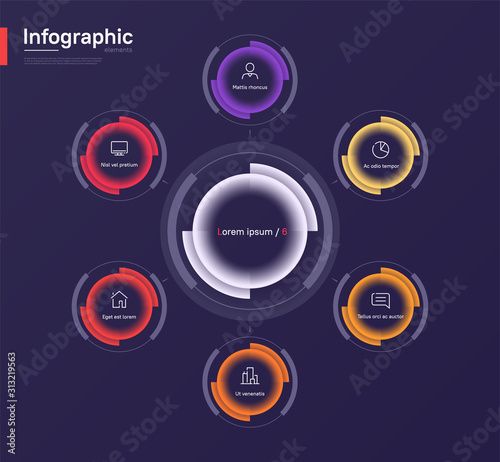 Stylish colorful vector infographic circle chart template on a deep blue background. Six options