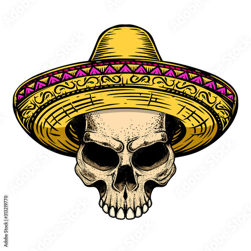 Illustration of skull in sombrero isolated on white background. Design element for logo, label, badge, sign.