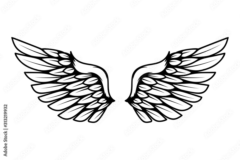 Fototapeta premium illustration of wings in tattoo style isolated on white background. Design element for logo, label, badge, sign.