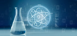 View of a atom icon surrounded by data on a lab background