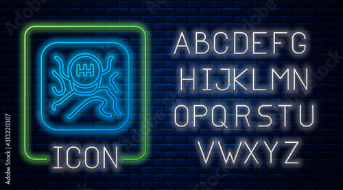 Glowing neon Gear shifter icon isolated on brick wall background. Transmission icon. Neon light alphabet. Vector Illustration