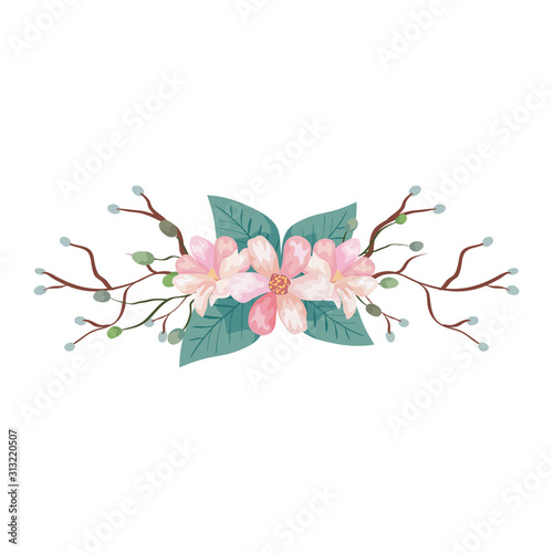 cute flowers with branches and leafs isolated icon