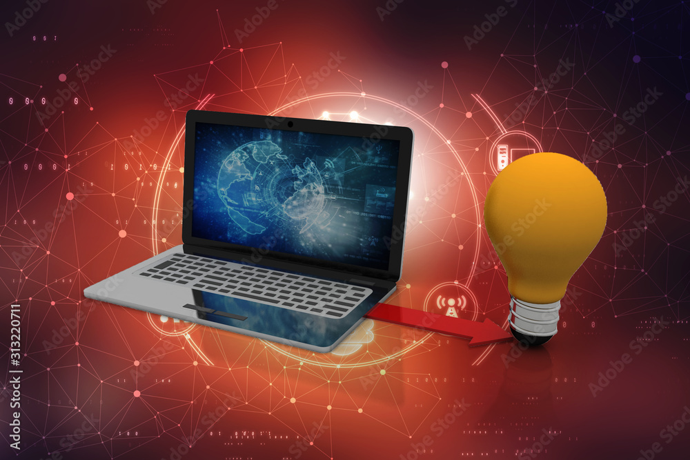3d rendering led light bulb on laptop 3d rendering led light bulb on laptop