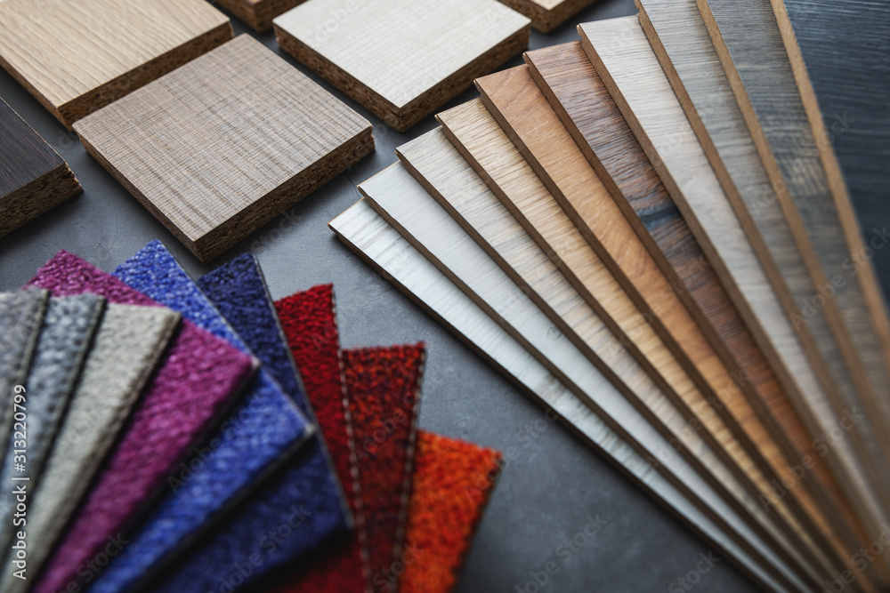 flooring and furniture material samples for interior design project - obrazy, fototapety, plakaty 