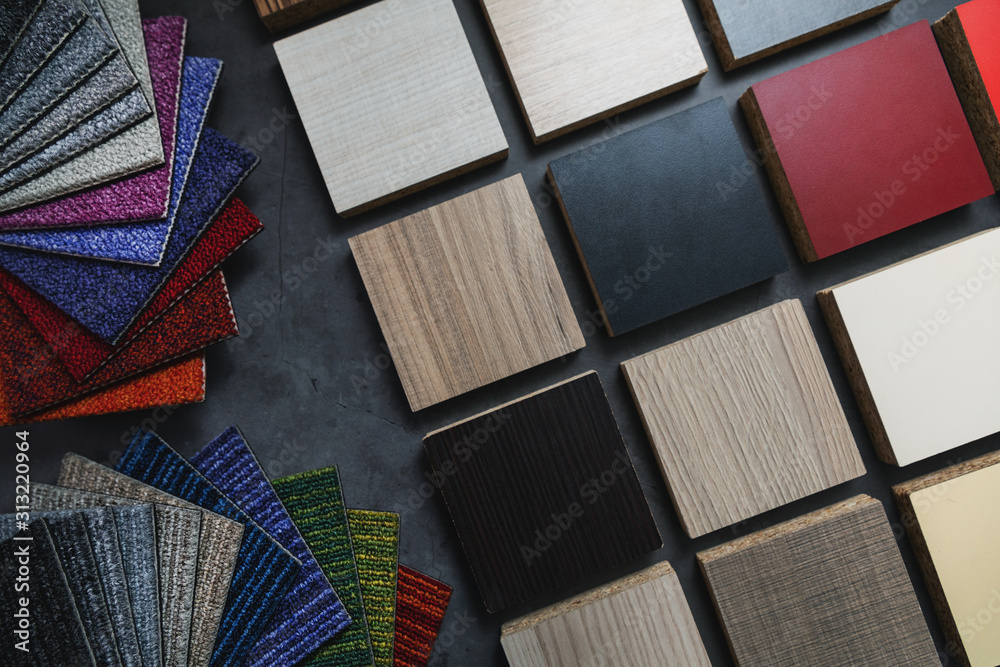 flooring and laminate furniture material samples for interior design project - obrazy, fototapety, plakaty 