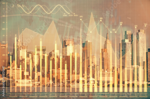 Forex graph on city view with skyscrapers background double exposure. Financial analysis concept.