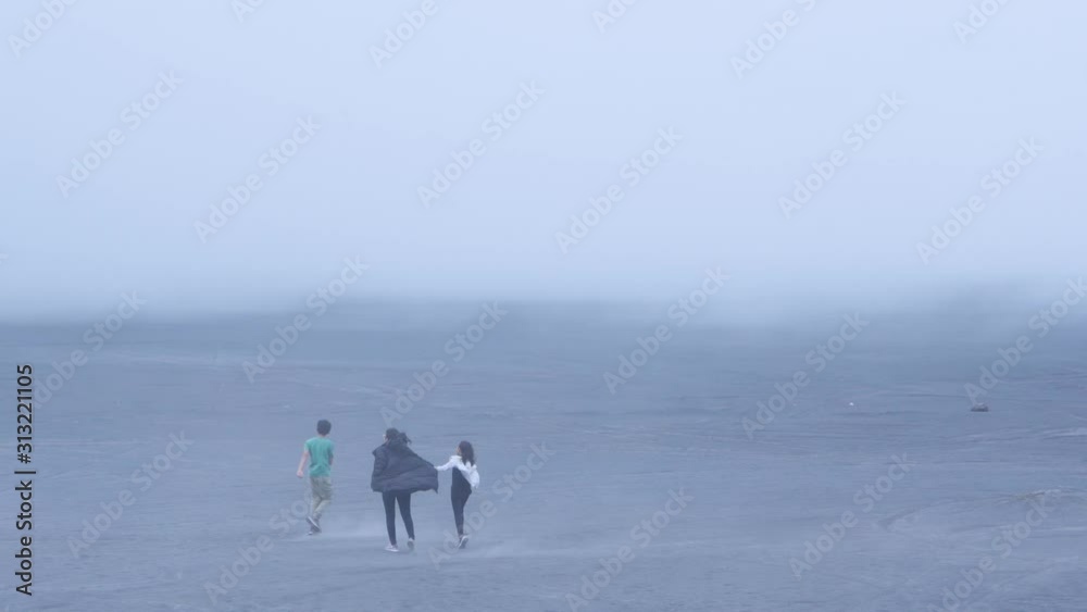 Mother and children running on the sea of sand Mother and children running on the sea of sand