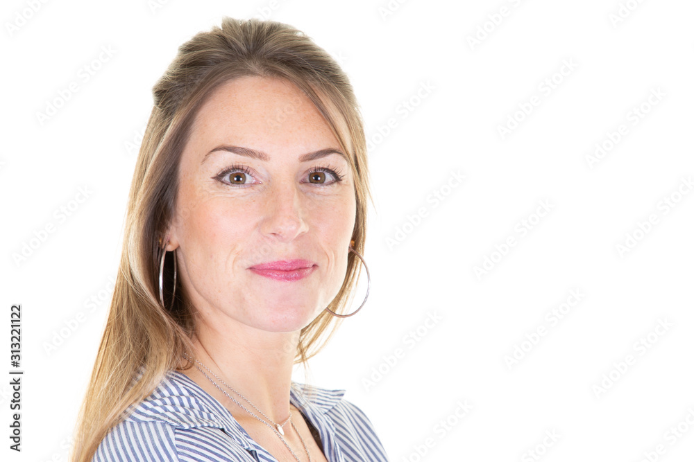 Portrait of caucasian lovely woman with long blonde hair posing with kind smile isolated over white background Portrait of caucasian lovely woman with long blonde hair posing with kind smile isolated over white background