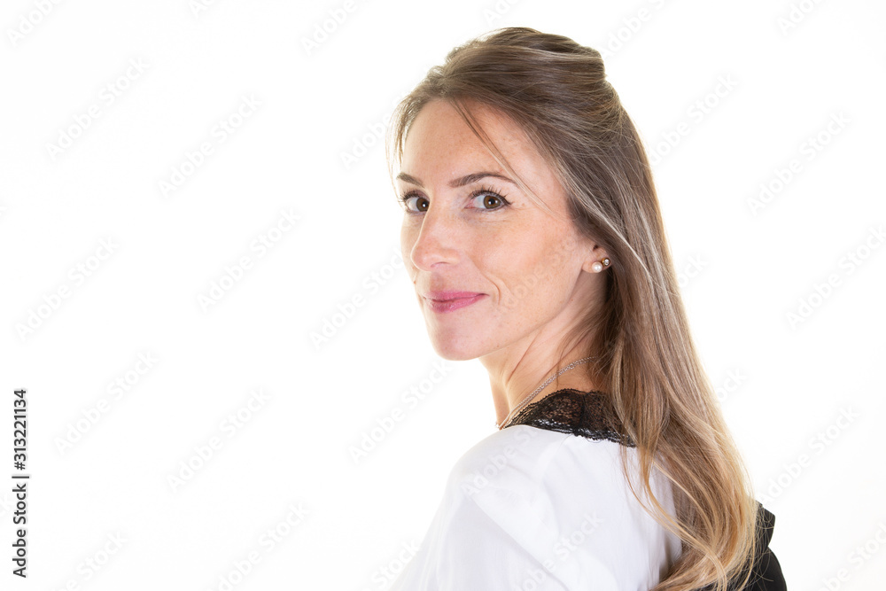 portrait of blonde young happy woman smiling on white background aside copy space portrait of blonde young happy woman smiling on white background aside copy space
