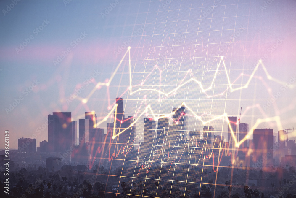 Forex chart on cityscape with skyscrapers wallpaper double exposure. Financial research concept. Forex chart on cityscape with skyscrapers wallpaper double exposure. Financial research concept.