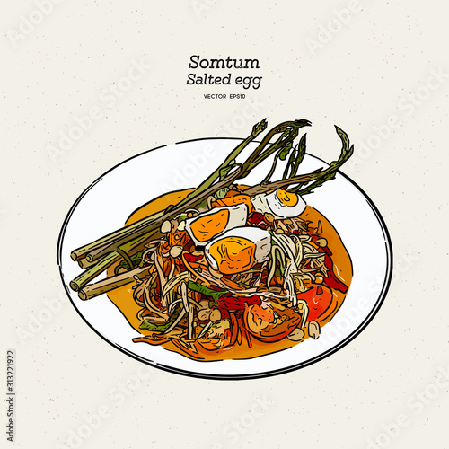 Papaya salad with salted egg, hand draw sketch vector.