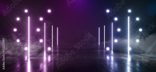 Fototapeta Naklejka Na Ścianę i Meble -  Smoke Foggy Sci Fi Futuristic Studio Lights Laser Neon Tubes Glowing Purple Blue On Grunge Concrete Bar Dance Stage Podium Garage Underground Empty 3D Rendering