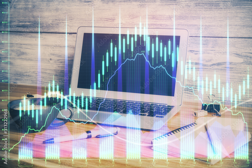 Multi exposure of forex graph and work space with computer. Concept of international online trading. Multi exposure of forex graph and work space with computer. Concept of international online trading.
