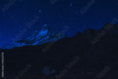 Gangotri National Sanctuary, Uttarakhand, India, Mount Shivling seen from Tapovan at night with stars