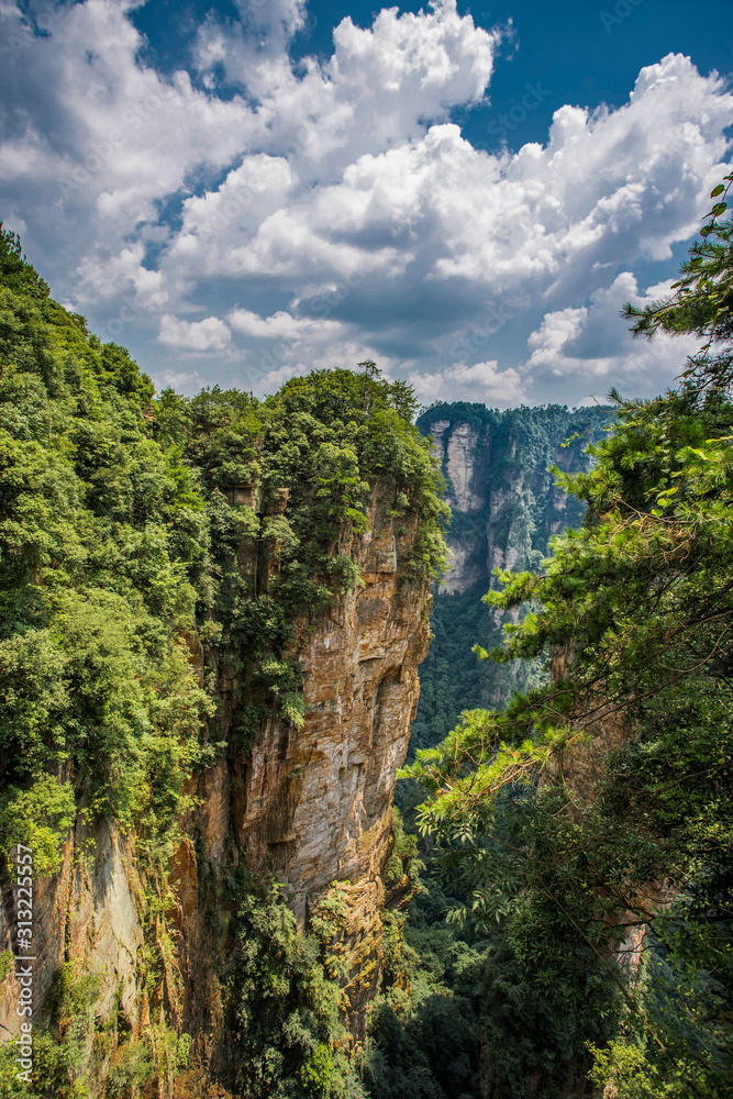  Top view of amazing natural quartz sandstone pillars of fantastic shapes among green woods in the Tianzi Mountains Avatar Mountains, the Zhangjiajie National Forest Park, Hunan Province, China.