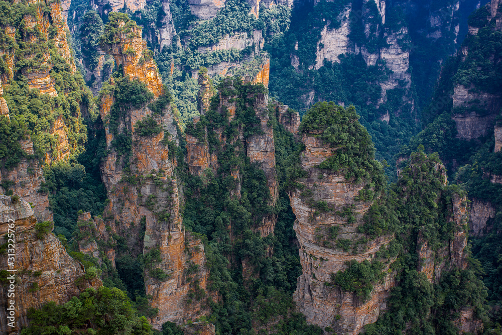  Amazing view of natural quartz sandstone pillar the Avatar Hallelujah Mountain among green woods and rocks in the Tianzi Mountains, the Zhangjiajie National Forest Park, Hunan Province, China.