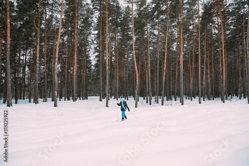 Active Adult Caucasian Woman Have Fun Are Skiing In Winter Snowy Forest. Active Healthy Lifestyle On Winter Nature