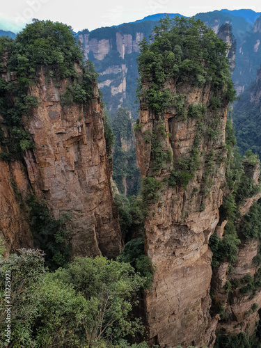  Amazing view of natural quartz sandstone pillar the Avatar Hallelujah Mountain among green woods and rocks in the Tianzi Mountains  the Zhangjiajie National Forest Park  Hunan Province  China.