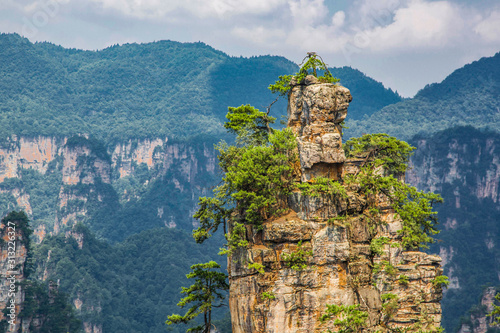 Obraz na plátně Amazing view of natural quartz sandstone pillar the Avatar Hallelujah Mountain among green woods and rocks in the Tianzi Mountains, the Zhangjiajie National Forest Park, Hunan Province, China