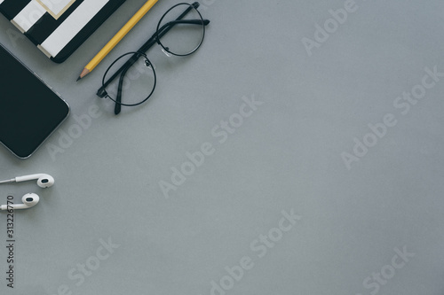 flat lay mockup image.office equipment on desk table.blank background empty space for text design studio creativity ideas for study,education,business modern accessories at workplace.blogging,blog 