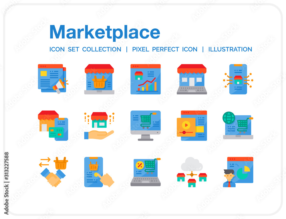 Marketplace Icons Set. UI Pixel Perfect Well-crafted Vector Thin Line Icons. The illustrations are a vector.