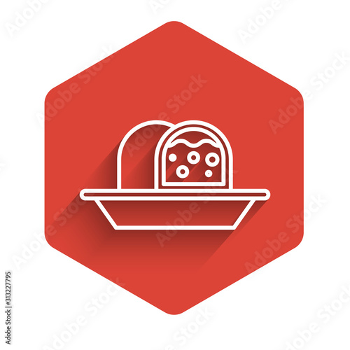 White line Marzipan sponge cake icon isolated with long shadow. Merry Christmas and Happy New Year. Red hexagon button. Vector Illustration