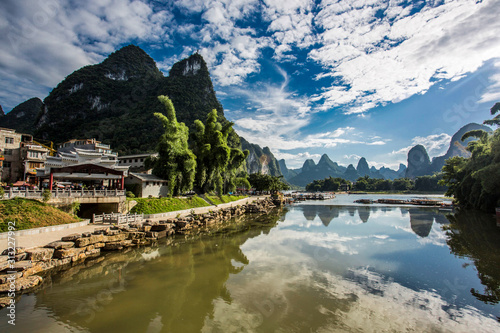  The landscape at the Li River near Yangshou near the city of Guilin in the Province of Guangxi in china in east asia.